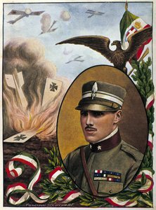 Alegoria o majorze Francesco Baracca (1888-1918) bohaterach włoskiego lotnictwa, którzy zginęli w bitwie w 1918 roku. Rysunek Tancredi Scarpelli. mediolański . autorstwa Tancredi Scarpelli