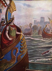 Antyczna, rzymska wojna domowa: egipska królowa Kleopatra VII Thea Philopator (69-30 p.n.e.) w bitwie pod Akcjum w Zatoce Ambracic 2 września 31 p.n.e. przeciwko Flocie Oktawy Akcjum, autorstwa Tancredi Scarpelli