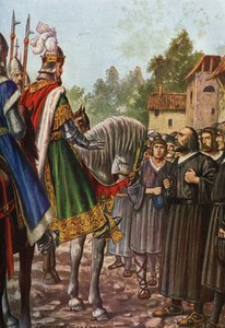 Cesarz Fryderyk I Barberossa (1122-1190) podczas swojej drugiej podróży do Włoch w 1158 mija rzekę Addę i spotyka mieszkańców Lodi, którzy błagają go o odzyskanie ich terytorium. Tancredi Scarpelli (1866-1937) z „Storia d