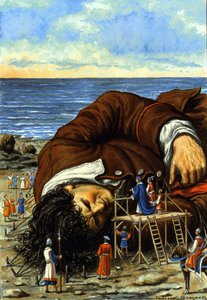 Ilustracja do opowiadania Podróż Guliwera autorstwa Jonathana Swifta (1667-1745). Mieszkańcy Lilliput wiążą olbrzyma Guliwera. Rysunek autorstwa Tancredi Scarpelli, XX wiek. autorstwa Tancredi Scarpelli