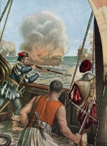Druga wyprawa do Indii (1502-1503) „” Bitwa morska między portugalską flotą Vasco de Gama a flotą Calicut, Portugalczycy ostrzeliwują muzułmański statek Miri szarżują na peleryny wracające z Mekki, 3.10.1502”” (druga podróż Vasco de Gama (1502-1503) autorstwa Tancredi Scarpelli
