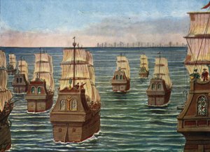 Bitwa pod Cannanor miała miejsce w marcu 1506 r. w pobliżu portu Cannanore w Indiach, pomiędzy flotą indyjską Samorin z Calicut a flotą portugalską pod dowództwem Lourenco de Almeida, syna wicekróla Almeidy) Ilustracja: Tancredi Scarpelli w „” autorstwa Tancredi Scarpelli
