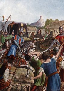 Orszak pogrzebowy cesarza Ottona (Othona) III Świętego Cesarstwa (980-1002) prowadzi szczątki przez Włochy w kierunku Akwizgranu, walcząc w jego przejściu przeciwko zbuntowanym ludom (trumna cesarza Ottona III, przechodząca przez tłumy Italii). autorstwa Tancredi Scarpelli