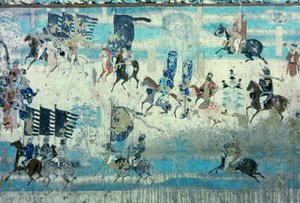 Zhang Yichao, gubernator zachodniego Gansu na wycieczce do walki z Tybetańczykami, dynastia Tang, 850-907 (malowidło ścienne) autorstwa Tang Dynasty Chinese School