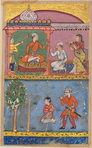 Strona z Tales of a Parrot Tuti-nama: Ósma noc: Służebnica apeluje..., ok. godz. 1560. autorstwa Tara Chand