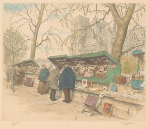 Stoiska z książkami na Quai de Montebello, w tle Notre-Dame autorstwa Tavík František Šimon (signed by artist)