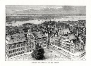 Ratusz i Rzeka Skalda, Antwerpia, Belgia, 1879 r.