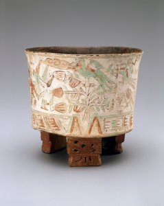 Wazon trójnożny z dwoma dmuchawcami i ptakami Quetzal w drzewach kakaowych, późny Xolalpan, 550-650 (ceramika z malowanym stiukiem) autorstwa Teotihuacan Teotihuacan