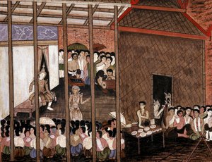 Tłum ogląda przedstawienie teatralne (malowanie ścian) autorstwa Thai School