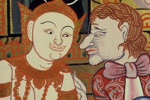 Współczesne malarstwo w stylu klasycznym przedstawiające Tajów i mieszkańców Zachodu (wc i złoto na papierze) autorstwa Thai School