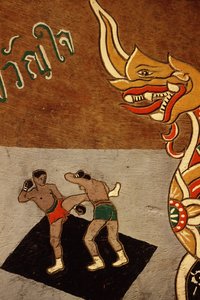Dekoracja na wozie wołowym przedstawiająca Muay Thai (farba na drewnie)