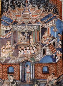 Detal murali z Viharn laikam przedstawiających Opowieści Sang Thong (mural) autorstwa Thai School