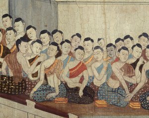 Grupa kobiet o strojach i przyciętych włosach typowych dla IV panowania (malarstwo ścienne) autorstwa Thai School