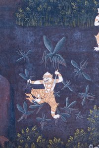Malowidło ścienne przedstawiające sceny z Ramajany w Wat Phra Kaeo, Wielkim Pałacu Królewskim, Bangkok, Tajlandia autorstwa Thai School