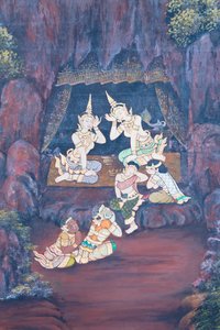 Malowidło ścienne przedstawiające sceny z Ramajany w Wat Phra Kaeo, Wielkim Pałacu Królewskim, Bangkok, Tajlandia autorstwa Thai School