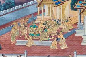 Malowidło ścienne przedstawiające sceny z Ramajany w Wat Phra Kaeo, Wielkim Pałacu Królewskim, Bangkok, Tajlandia autorstwa Thai School