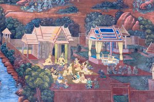Malowidło ścienne przedstawiające sceny z Ramajany w Wat Phra Kaeo, Wielkim Pałacu Królewskim, Bangkok, Tajlandia autorstwa Thai School