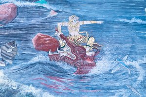 Malowidło ścienne przedstawiające sceny z Ramajany w Wat Phra Kaeo, Wielkim Pałacu Królewskim, Bangkok, Tajlandia autorstwa Thai School