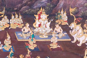 Malowidło ścienne przedstawiające sceny z Ramajany w Wat Phra Kaeo, Wielkim Pałacu Królewskim, Bangkok, Tajlandia autorstwa Thai School