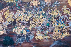 Malowidło ścienne przedstawiające sceny z Ramajany w Wat Phra Kaeo, Wielkim Pałacu Królewskim, Bangkok, Tajlandia autorstwa Thai School