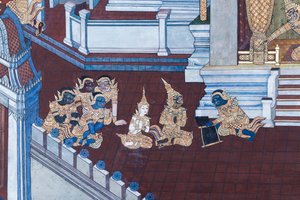 Malowidło ścienne przedstawiające sceny z Ramajany w Wat Phra Kaeo, Wielkim Pałacu Królewskim, Bangkok, Tajlandia autorstwa Thai School