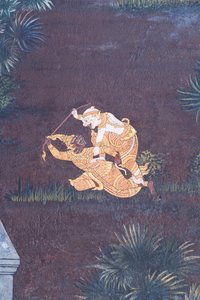 Malowidło ścienne przedstawiające sceny z Ramajany w Wat Phra Kaeo, Wielkim Pałacu Królewskim, Bangkok, Tajlandia autorstwa Thai School