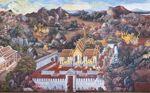 Malowidła ścienne przedstawiające sceny z Ramakian w Wat Phra Kaeo, Wielkim Pałacu Królewskim, Bangkok, Tajlandia