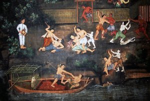 Murale ze scenami z życia Buddy, Wat Suwan Dararam, Park Historyczny Ayutthaya (Lista Światowego Dziedzictwa UNESCO autorstwa Thai School