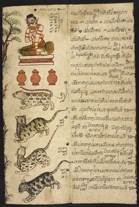 Lub 4830 „Tajski podręcznik wróżbiarstwa (Phrommachat), zawierający horoskopy oparte na chińskim zodiaku” (tusz i kolor na papierze) autorstwa Thai School