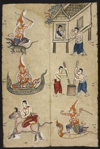 Lub 4830 „Tajski podręcznik wróżbiarstwa (Phrommachat), zawierający horoskopy oparte na chińskim zodiaku” (tusz i kolor na papierze) autorstwa Thai School