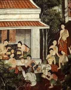 Pałacowe damy kupujące biżuterię i lustra od muzułmańskich kupców, styl Rattanakosin (malarstwo ścienne) autorstwa Thai School