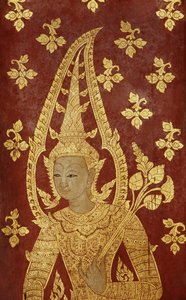Panel drzwiowy w stylu rattanakosin z wizerunkiem bóstwa, ok. 1860 (drewno malowane) autorstwa Thai School