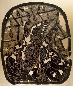 Scena z teatru cieni Nang Yai przedstawiająca Virunjambang, generała armii Dasakantha, rzeźbiony skórzany panel, Tajlandia, Tajska Cywilizacja autorstwa Thai School