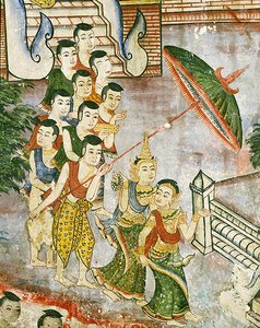 Wiharn Laikarn, odcinek z Jataka Sang Thong (fresk) autorstwa Thai School
