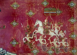 Buddyzm: „” scena z życia Buddy: Wielki Odjazd”” Fragment obrazu na płótnie z Tajlandii. Słońce 1,4x0,9 m Paryż, Musee Guimet, Musee national des Arts Asians autorstwa Thai Thai
