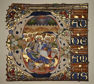 Marlay Cutting IT.18 Zaśnięcie Dziewicy, z graduału Santa Mattia w Murano, Wenecja, ok. 1450 (złoty liść i tempera na pergaminie) autorstwa The Master of the Murano Gradual