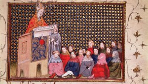 Harl 1319 f.12 Arcybiskup Arundel nauczający w sprawie Henryka, z „Histoire du Roy d
