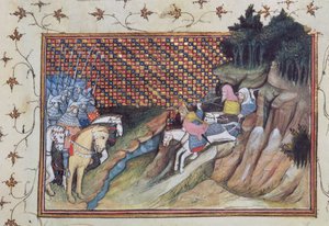 Harl 1319 f.9 MacNamara, irlandzki wódz przybywa na naradę z hrabią Gloucester z „Histoire du Roy d