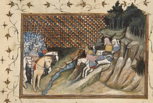 Harley 1319, f.9 Art Mór jadący na spotkanie z hrabią Gloucester, z „La Prinse et Mort du Roy Richart” (Księga o pojmaniu i śmierci króla Ryszarda II)” autorstwa Jeana Cretona