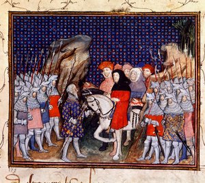 Harley 1319, fol.44, król Ryszard II spotyka hrabiego Northumberland w Conway i oferuje rezygnację z korony