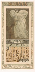 Strona kalendarza sierpnia z białym pawiem Kalendarz 1910 12 litografii Th. v. Hoytema (tytuł serii) autorstwa Theo van Hoytema