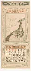 Kalendarz styczniowy z pawiem Kalendarz 1903 12 litografii Th. v. Hoytema (tytuł serii) autorstwa Theo van Hoytema