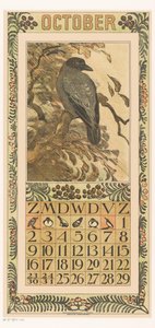 Październikowa strona kalendarza z kolorową wroną Kalendarz 1910 12 litografii Th. v. Hoytema (tytuł serii)