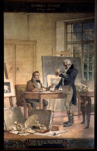 Paleontologia: „”Baron Georges Cuvier (1769-1832) ponownie łączy dokumenty do swojej pracy nad skamieniałymi kośćmi”” Fresk autorstwa Theobala Chartrana (1849-1907). Paryski Uniwersytet Sorbony