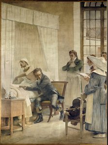Rene Laennec przeprowadza badanie phtic na oczach swoich uczniów. Rene-Theophile-Hyacinthe Laennec (1781-1826), francuski lekarz, wynalazca „pectoriloque” lub stetoskopu. Fresk