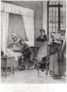 Rene Theophile Hyacinthe Laennec (1781-1826) słuchający piersi mężczyzny z konsumpcją, 1816