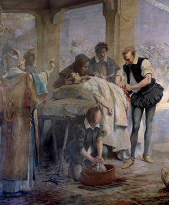 Doktor Ambroise Pare (1509-1590) ćwiczy podwiązywanie tętnic na arkebuzorze kontuzjowanym podczas oblężenia Metz przez Karola V w 1553 r. Szczegół. Obraz Theobald Chartran (1849-1907)