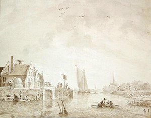 Wysyłka w ujściu rzeki przez wioskę z miastem w oddali (pióro i atrament z praniem na papierze) autorstwa Theodor Verrijk