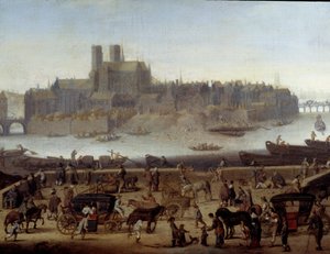 Nabrzeże i most Tournelle w Paryżu Szczegóły. Widok na doki i wyspę La Cite. Obraz przypisywany Theodorowi Mathamowi (1606-1676) 1646 Paryż, muzeum Carnavalet autorstwa Theodor (attr. to) Matham