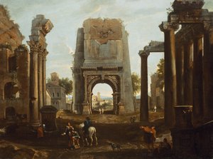 Kaprys rzymskich ruin z łukiem Tytusa i figurami (olej) autorstwa Theodor (circle of) Helmbreker